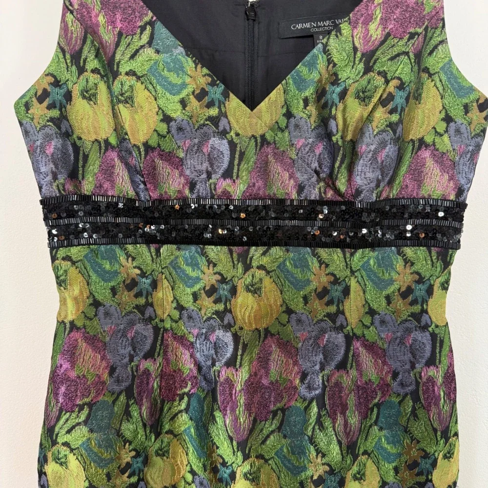 Carmen Marc‎ Valvo Floral Brocade Cocktail Dress Sleeveless Sheath Sequin Glam 8
